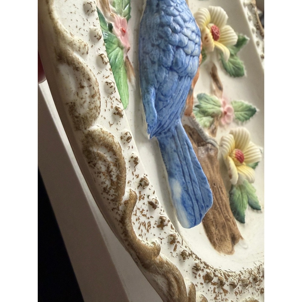 Vintage HOMCO Porcelain Bird Decor Wall Plaque Blue Floral 3D Relief - Picture 7 of 11